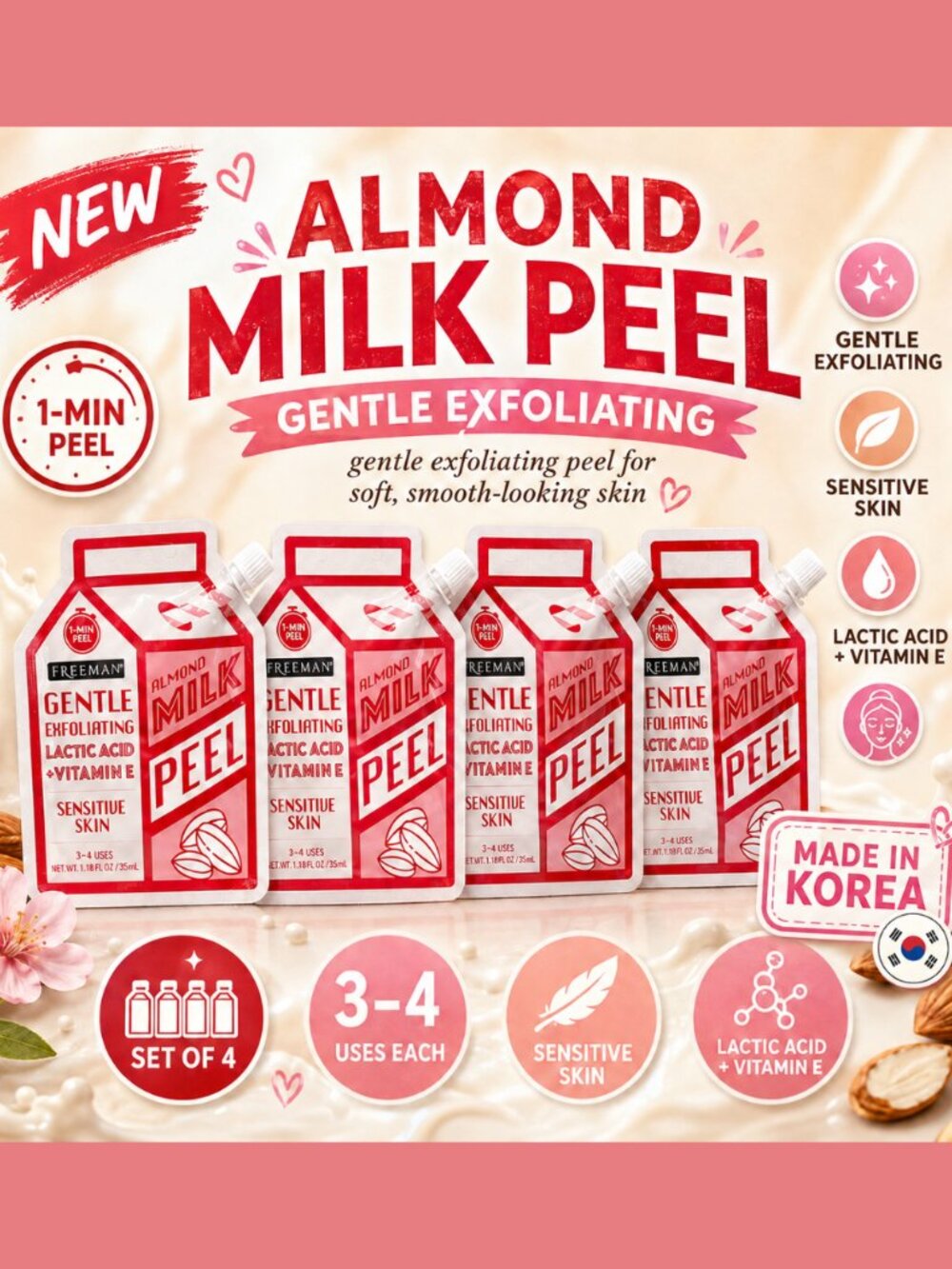 Freeman Almond Milk Peel Gentle Exfoliating Face Mask Set of 4 NEW